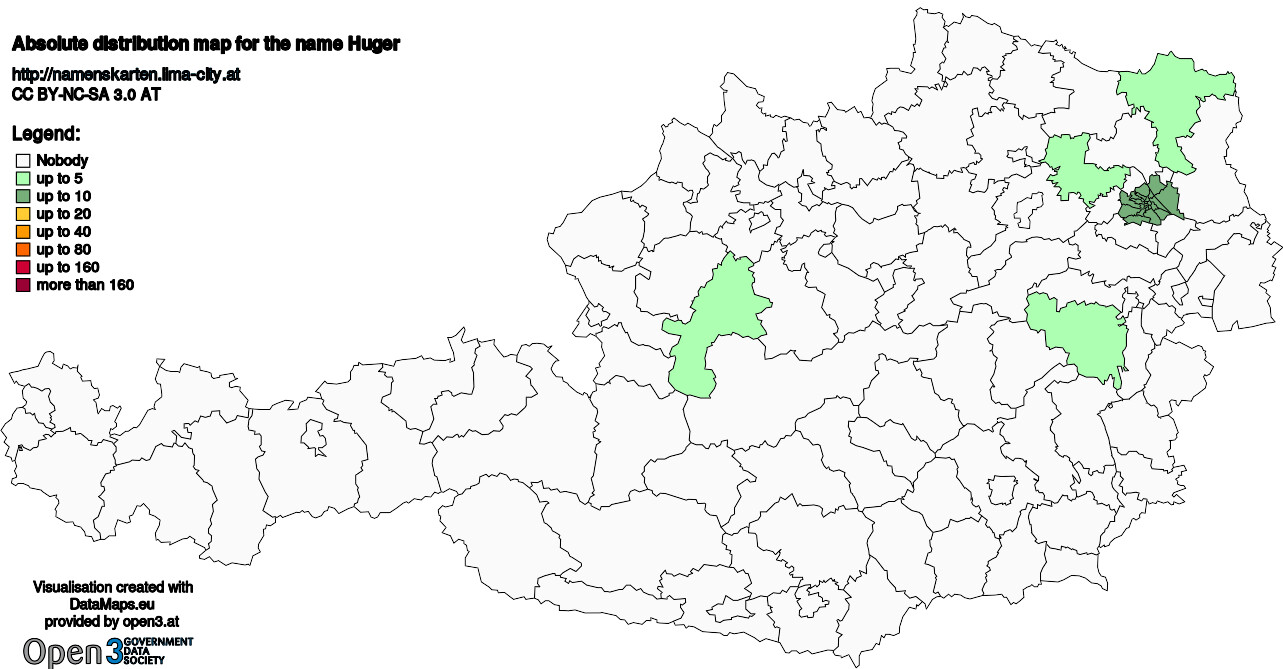 Absolute Distribution maps for surname Huger