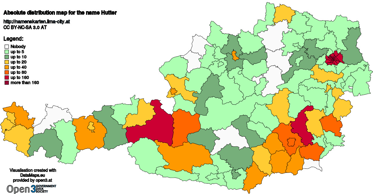 Absolute Distribution maps for surname Hutter