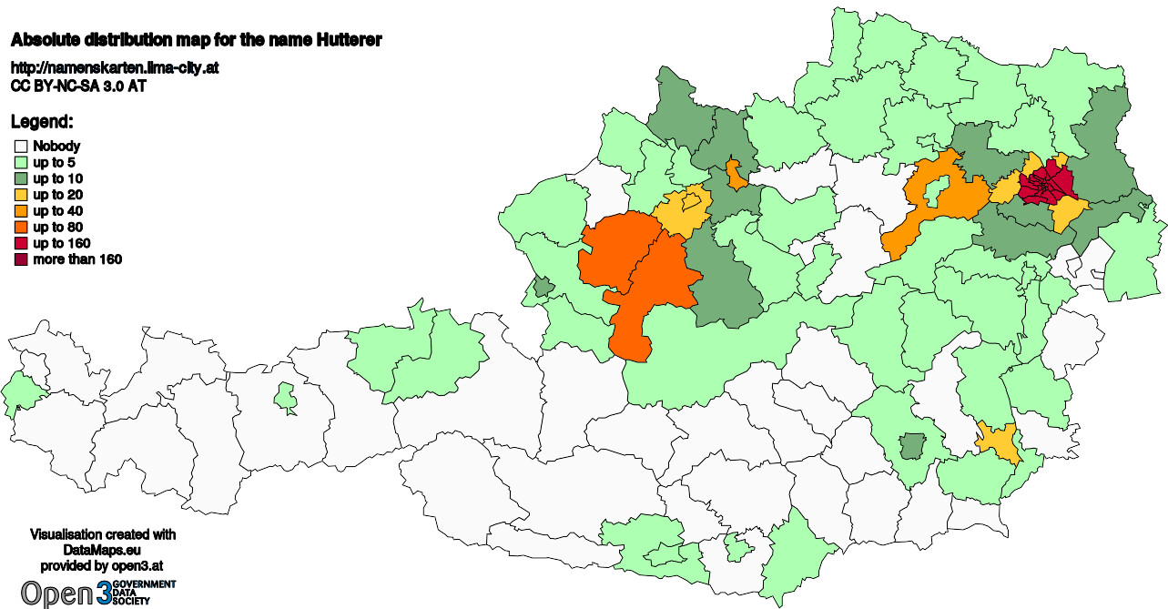 Absolute Distribution maps for surname Hutterer