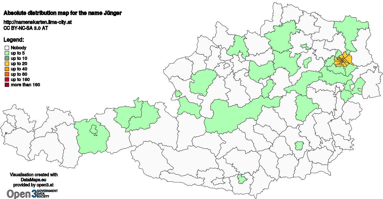 Absolute Distribution maps for surname Jünger