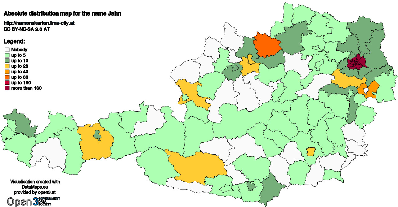 Absolute Distribution maps for surname Jahn