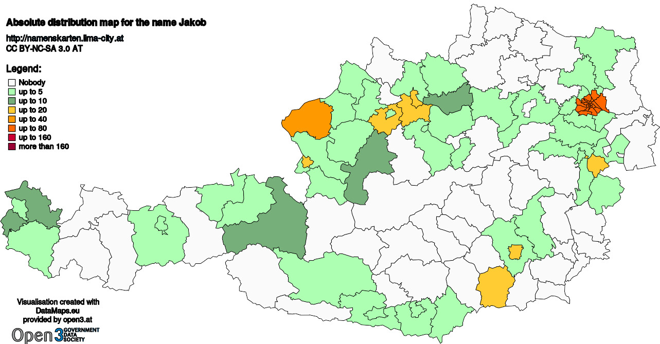 Absolute Distribution maps for surname Jakob