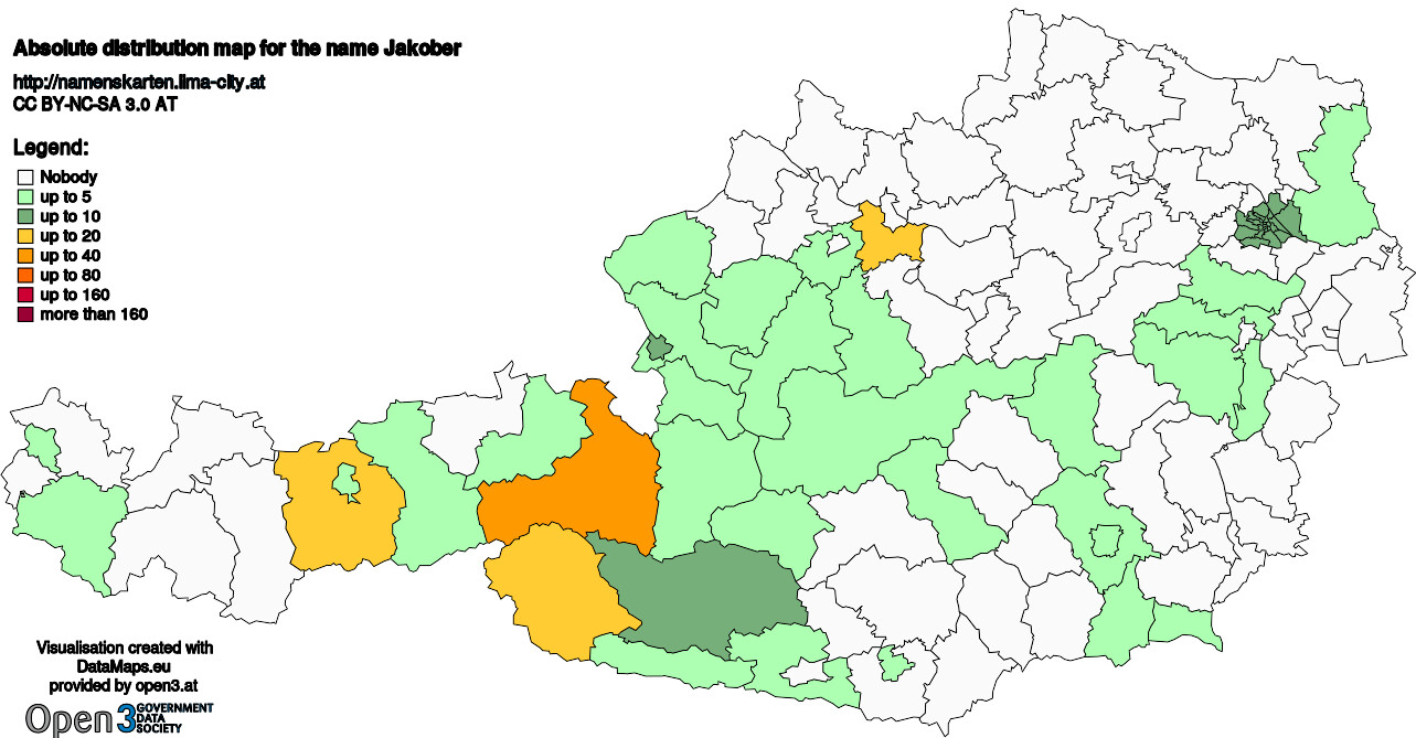 Absolute Distribution maps for surname Jakober