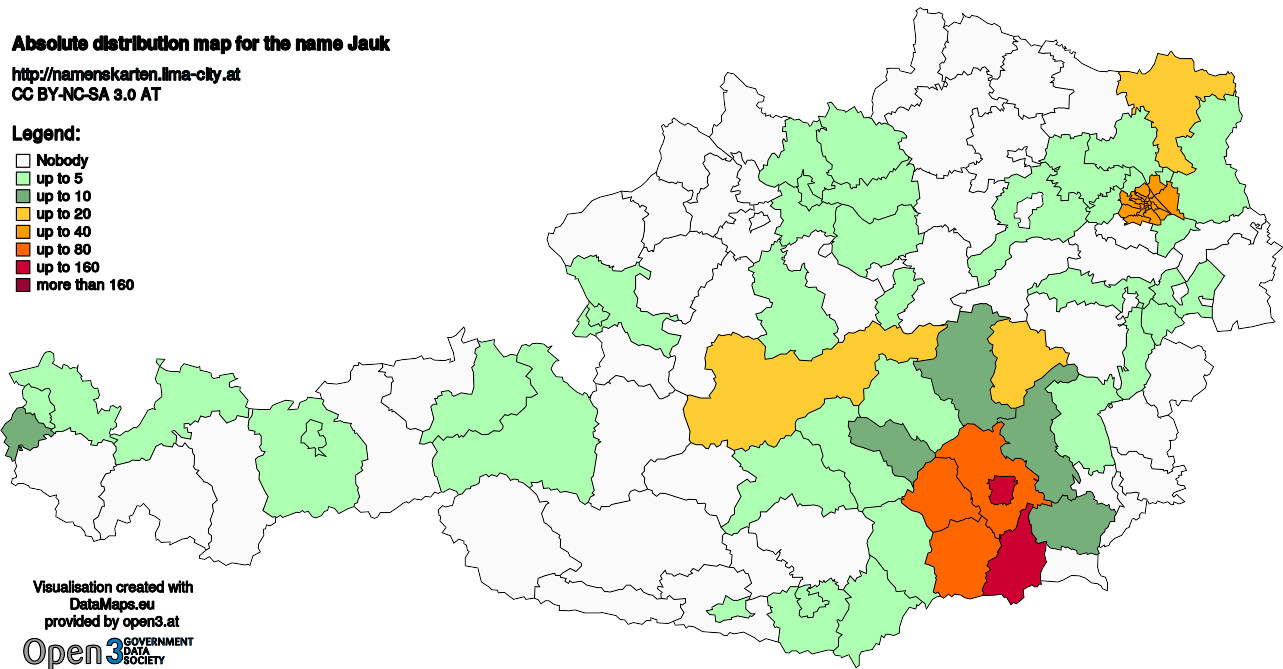 Absolute Distribution maps for surname Jauk