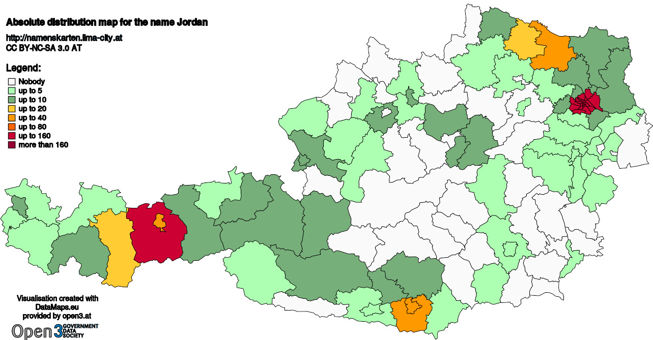 Absolute Distribution maps for surname Jordan