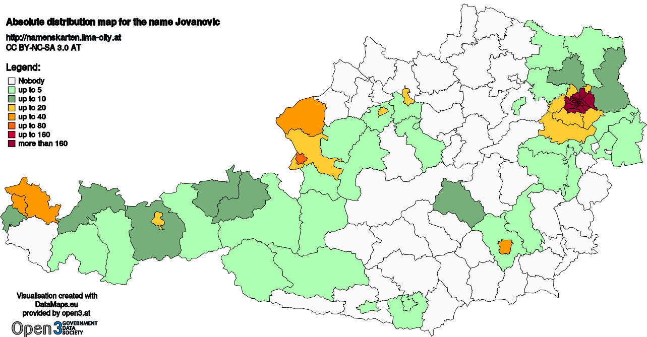Absolute Distribution maps for surname Jovanovic