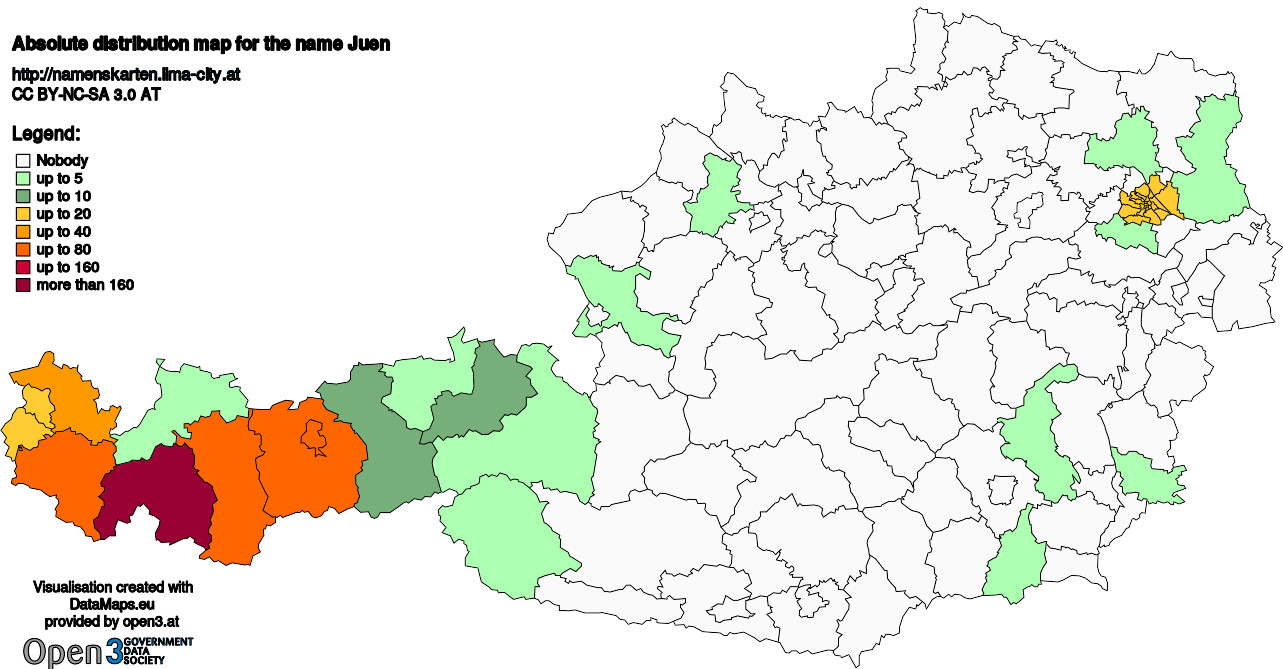 Absolute Distribution maps for surname Juen