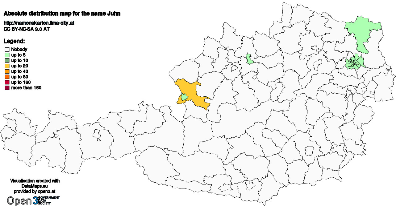 Absolute Distribution maps for surname Juhn