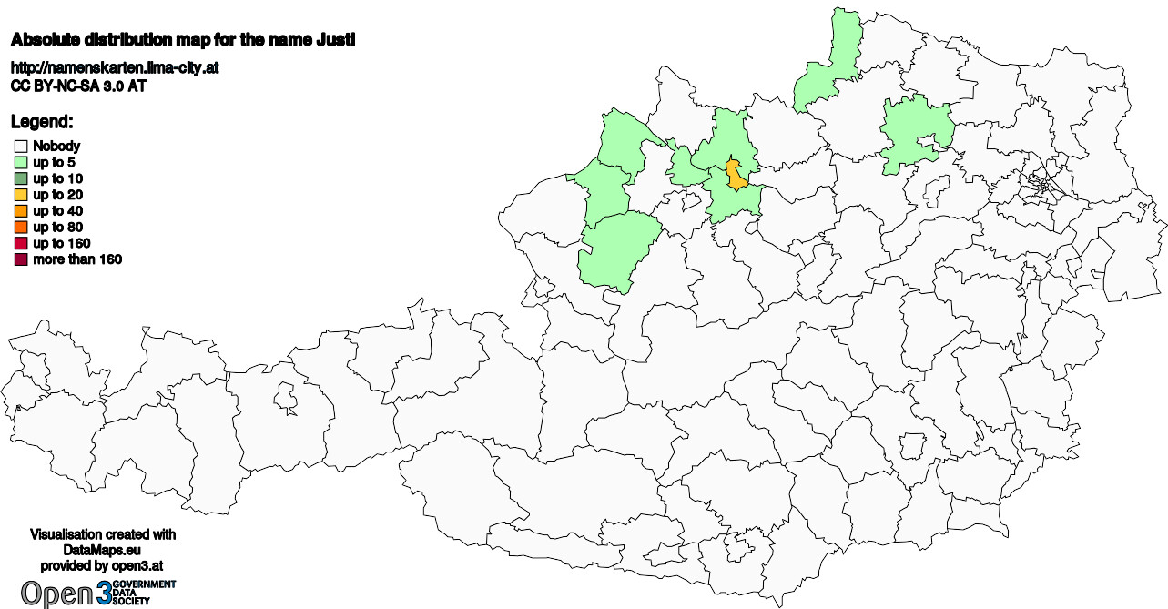 Absolute Distribution maps for surname Justl