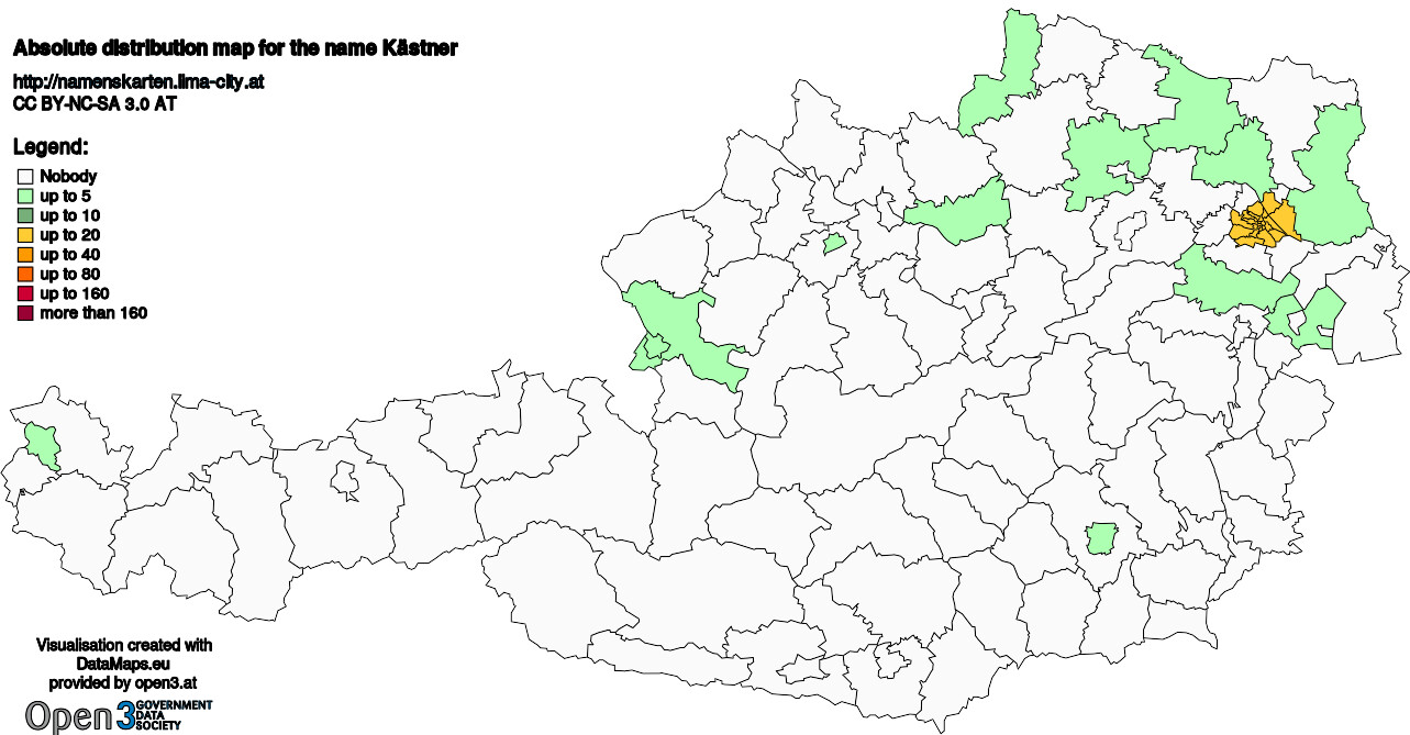 Absolute Distribution maps for surname Kästner