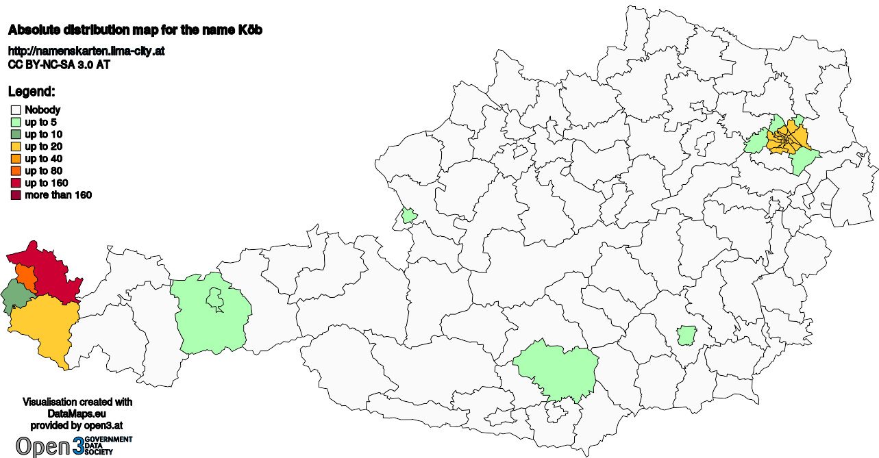 Absolute Distribution maps for surname Köb