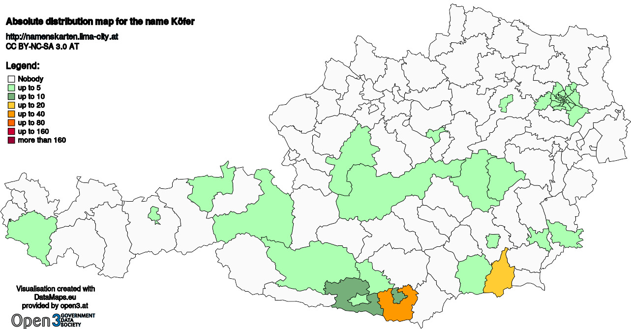 Absolute Distribution maps for surname Köfer