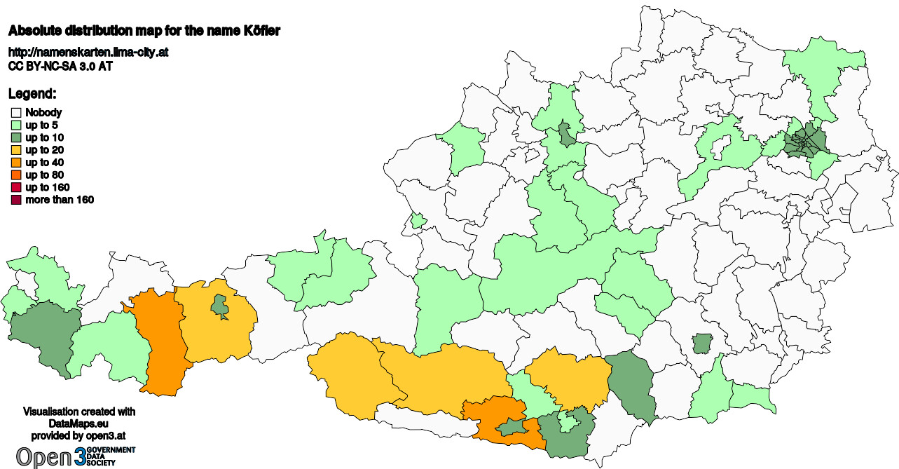 Absolute Distribution maps for surname Köfler