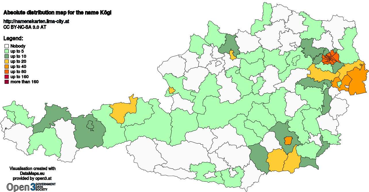 Absolute Distribution maps for surname Kögl