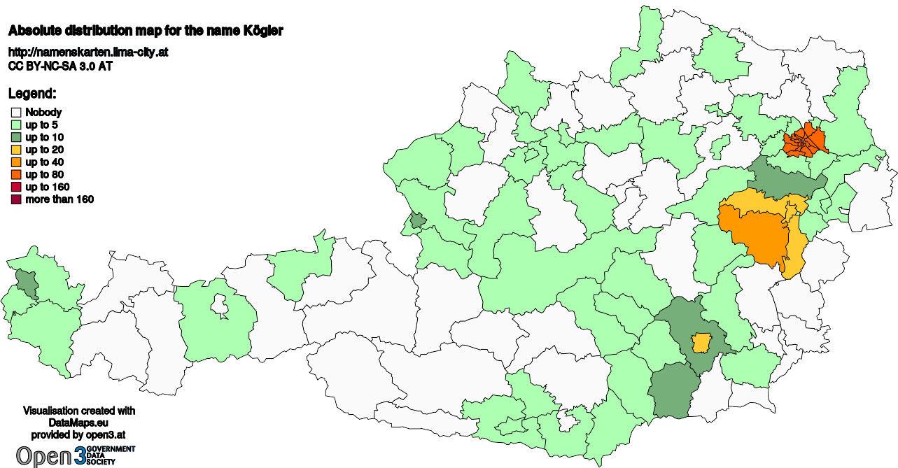 Absolute Distribution maps for surname Kögler