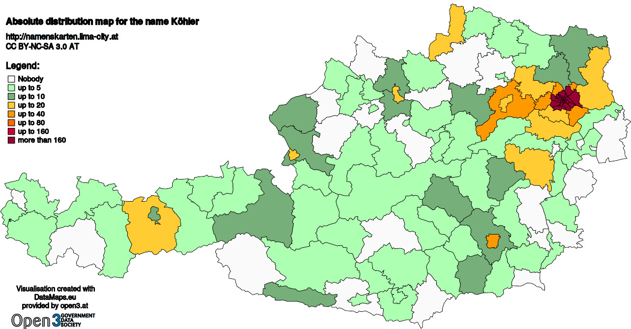 Absolute Distribution maps for surname Köhler