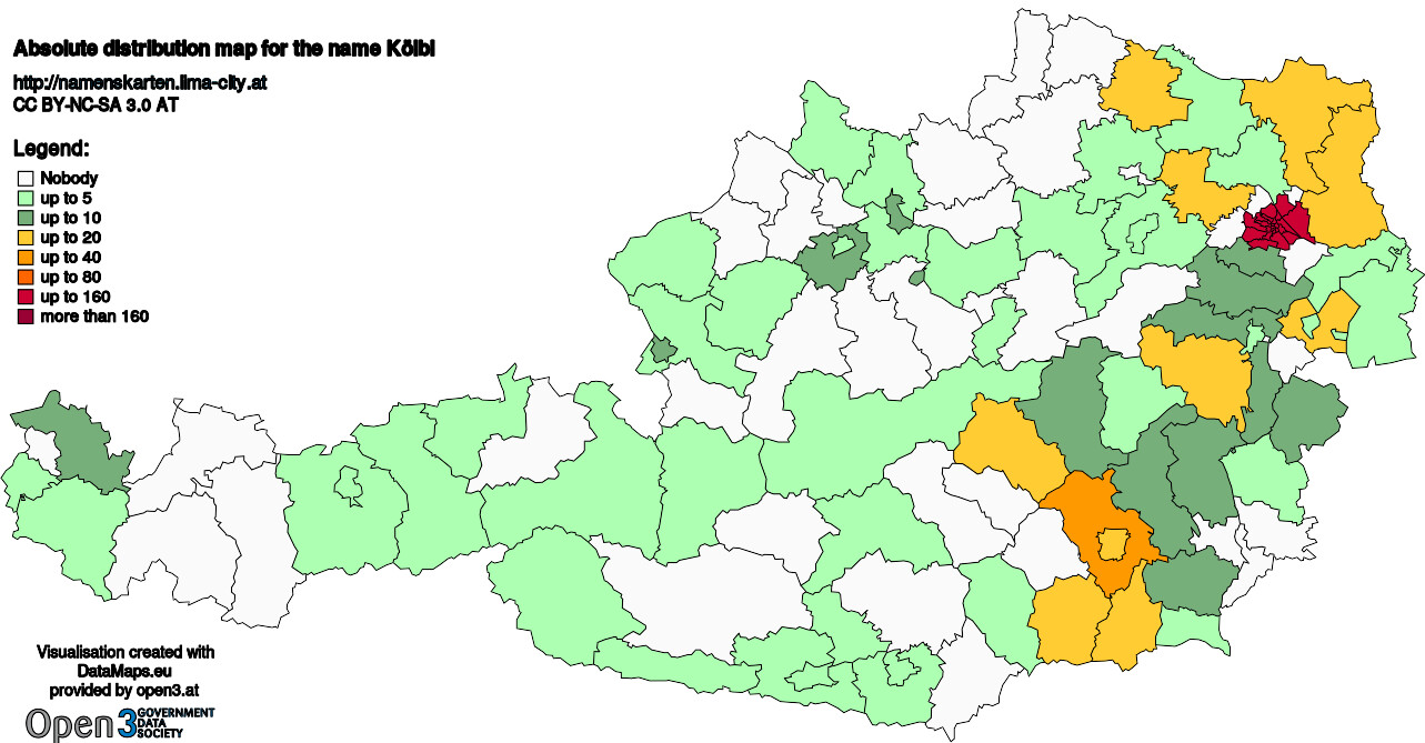 Absolute Distribution maps for surname Kölbl