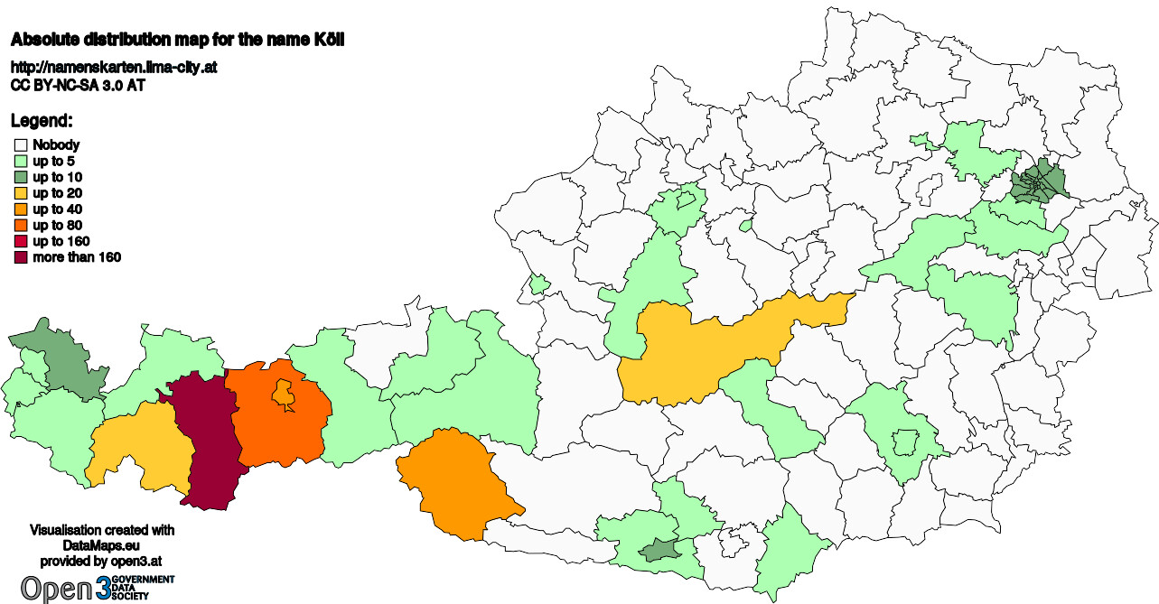 Absolute Distribution maps for surname Köll