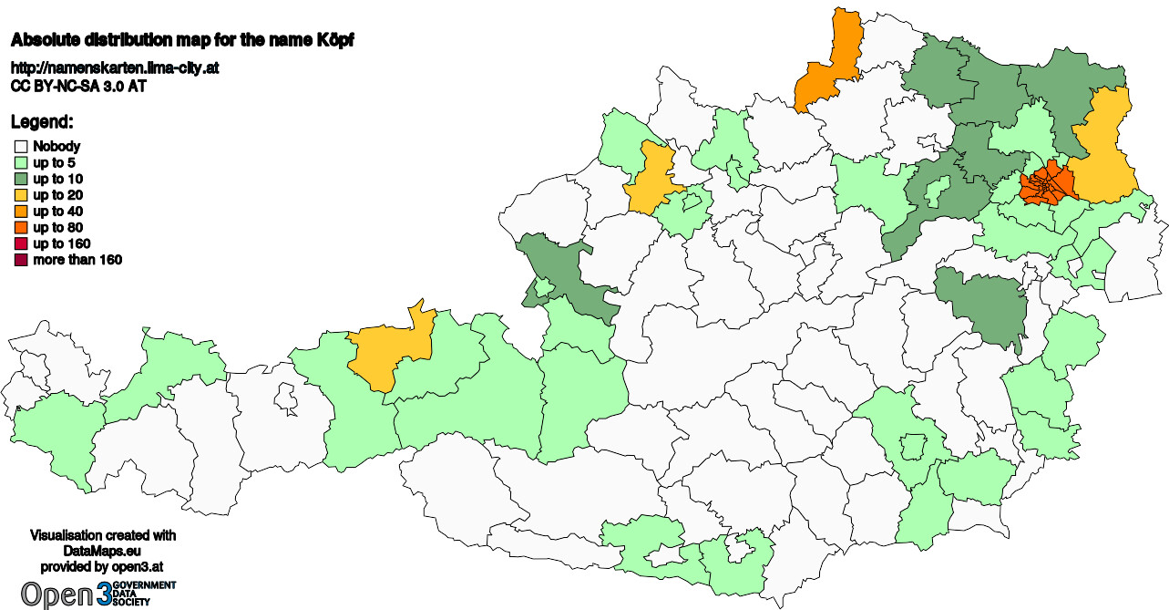 Absolute Distribution maps for surname Köpf