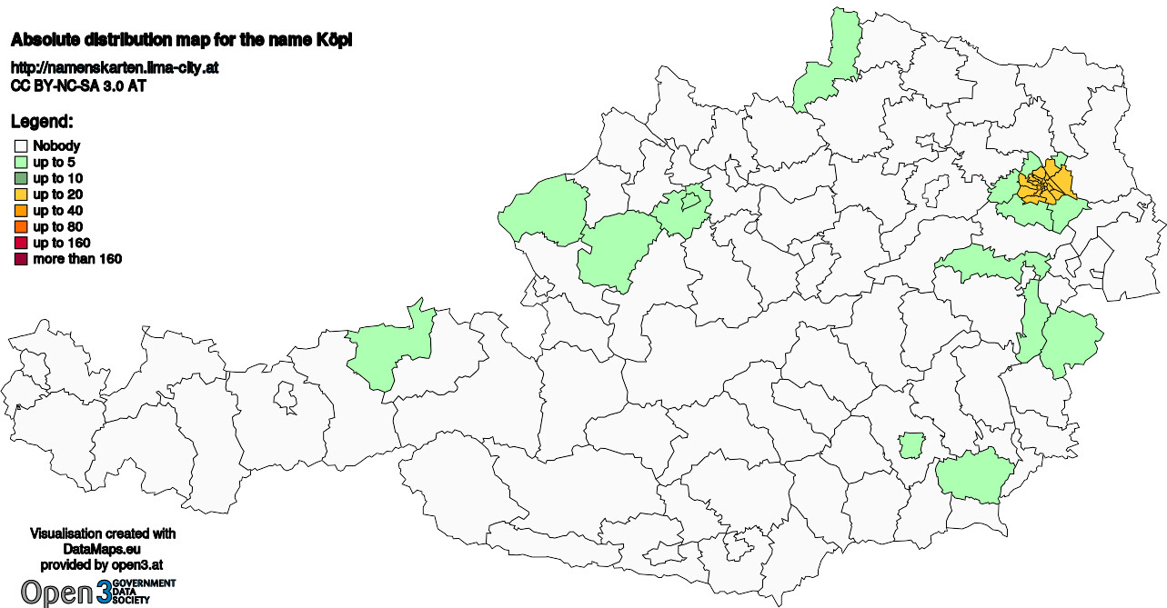 Absolute Distribution maps for surname Köpl