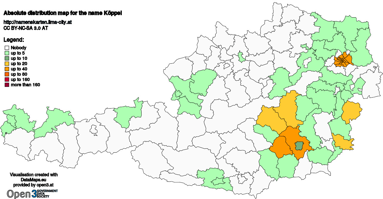 Absolute Distribution maps for surname Köppel