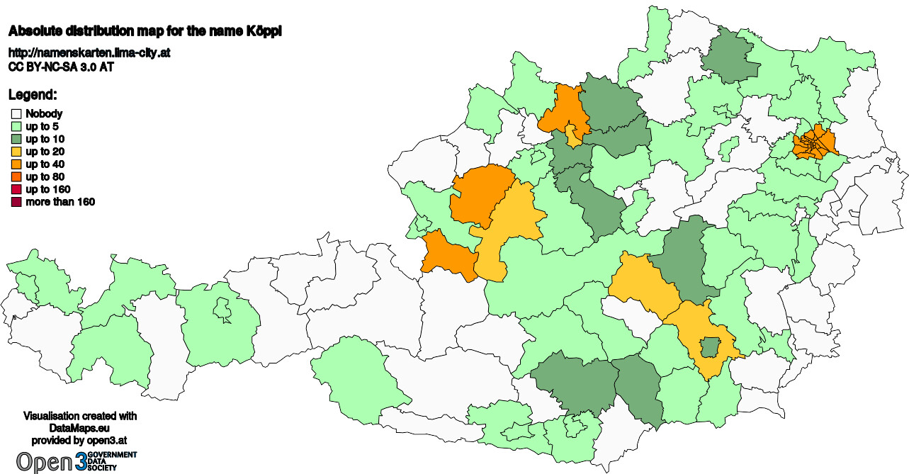 Absolute Distribution maps for surname Köppl