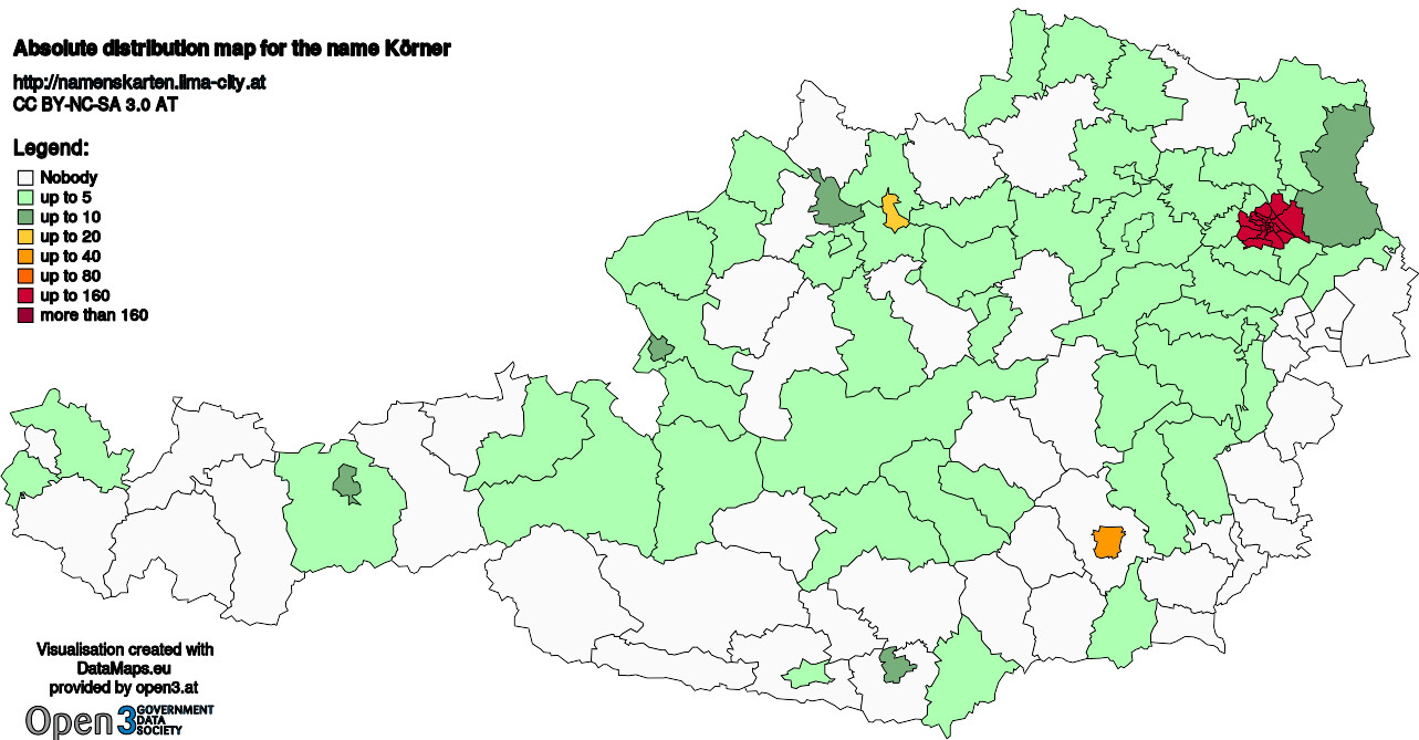Absolute Distribution maps for surname Körner