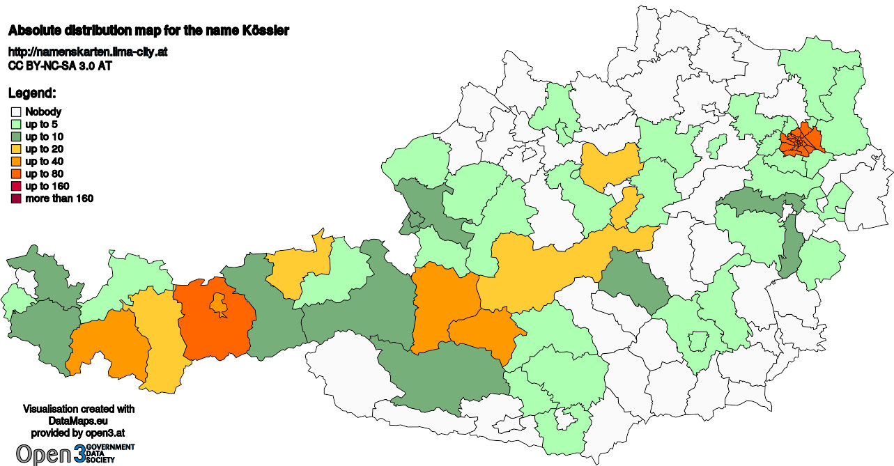 Absolute Distribution maps for surname Kössler