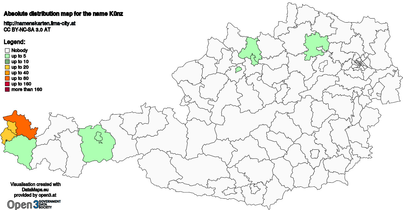 Absolute Distribution maps for surname Künz