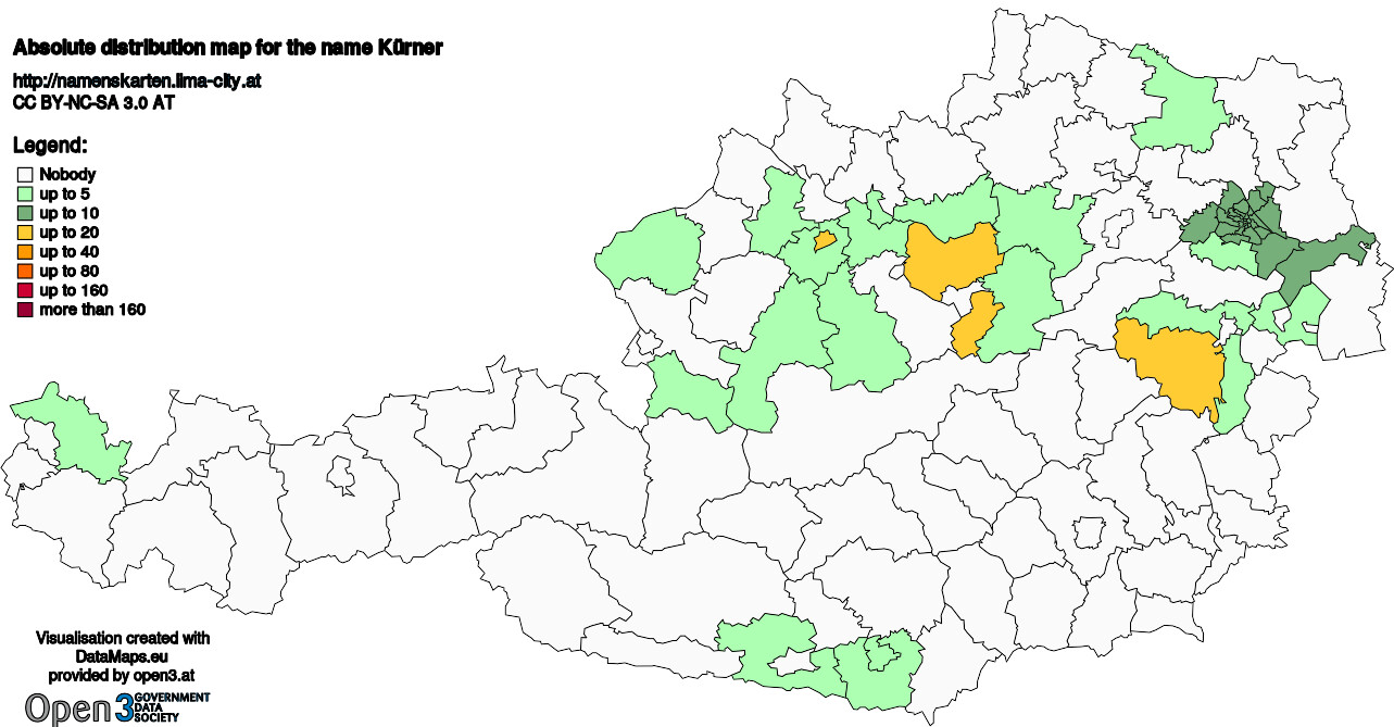 Absolute Distribution maps for surname Kürner