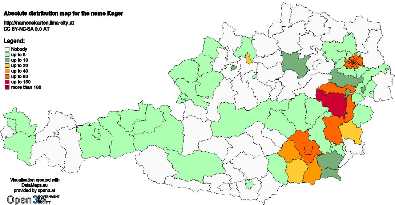 Absolute Distribution maps for surname Kager