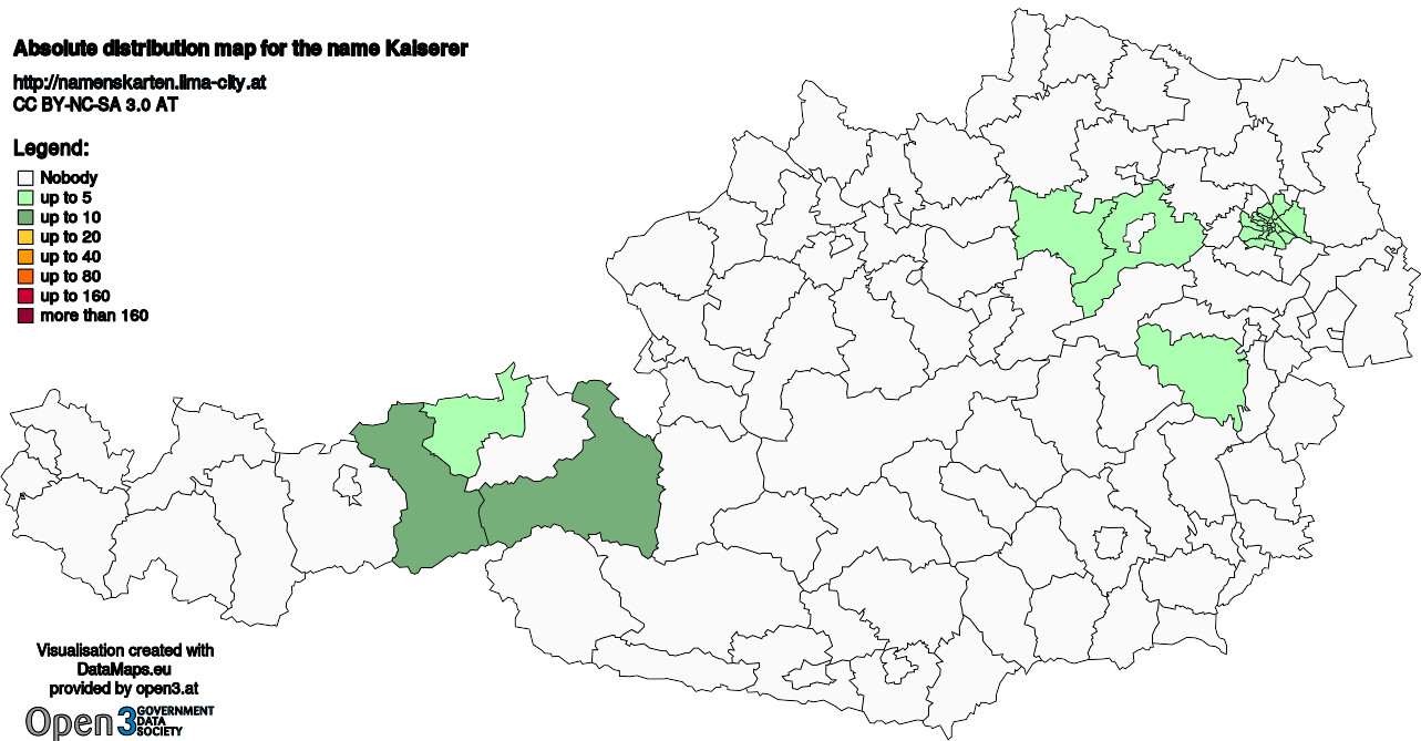 Absolute Distribution maps for surname Kaiserer