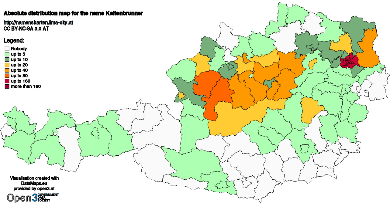 Absolute Distribution maps for surname Kaltenbrunner