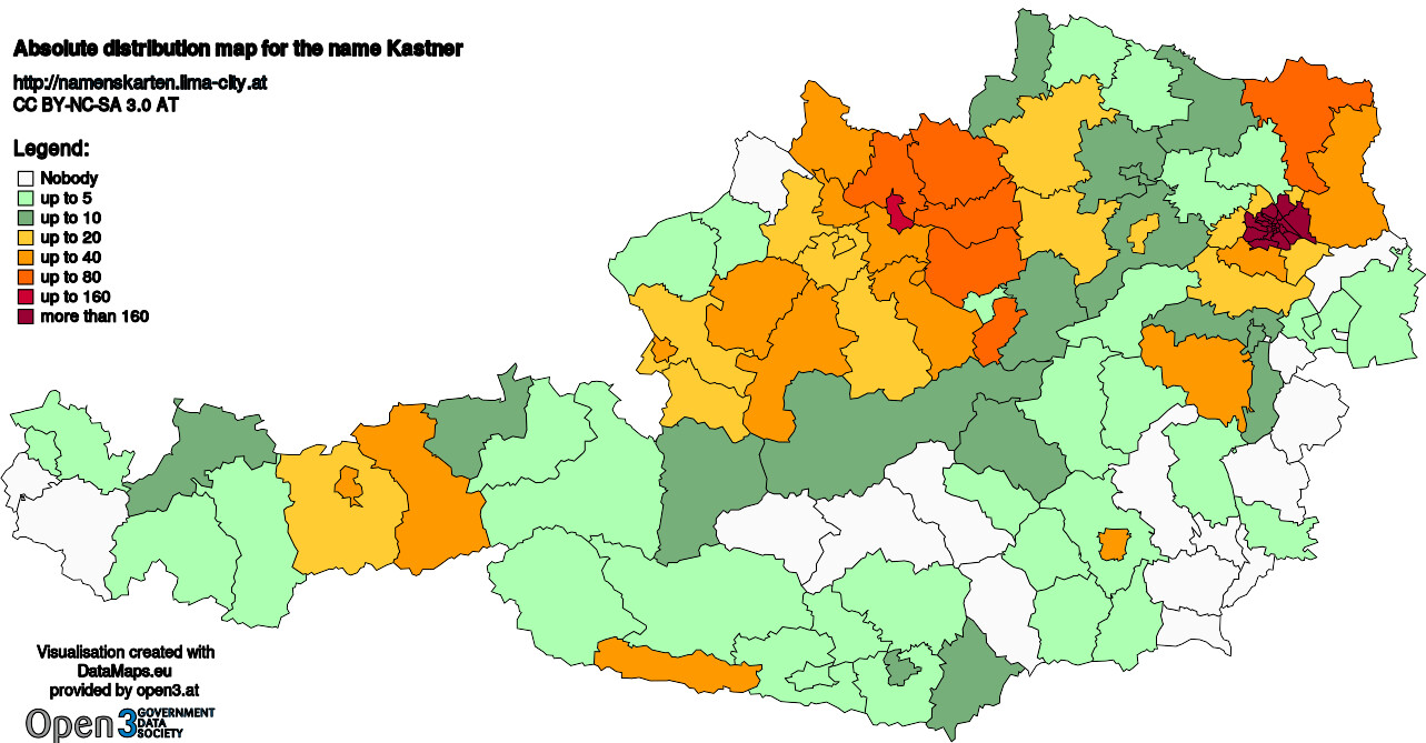 Absolute Distribution maps for surname Kastner