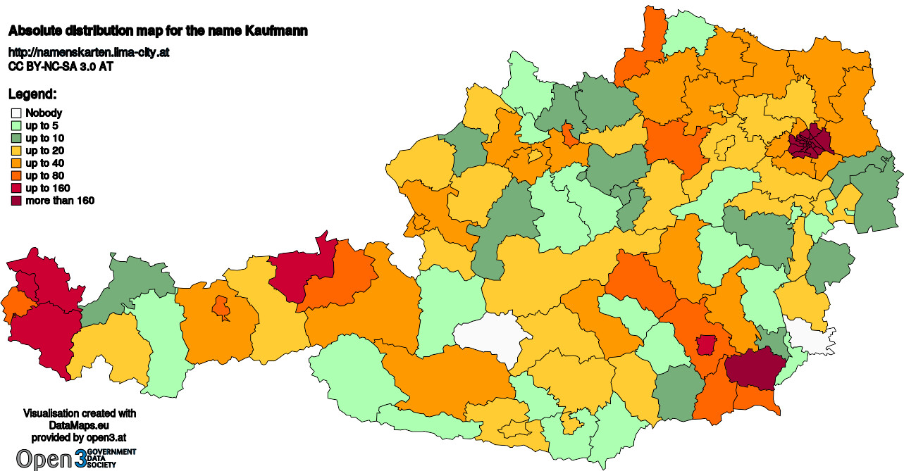 Absolute Distribution maps for surname Kaufmann