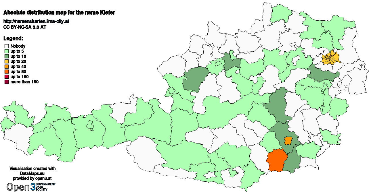 Absolute Distribution maps for surname Kiefer