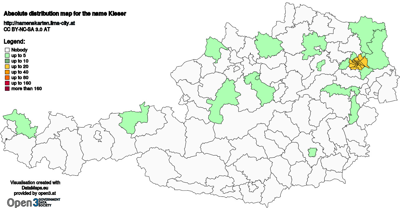 Absolute Distribution maps for surname Kieser