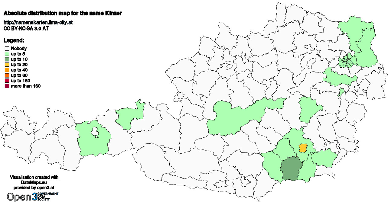 Absolute Distribution maps for surname Kinzer