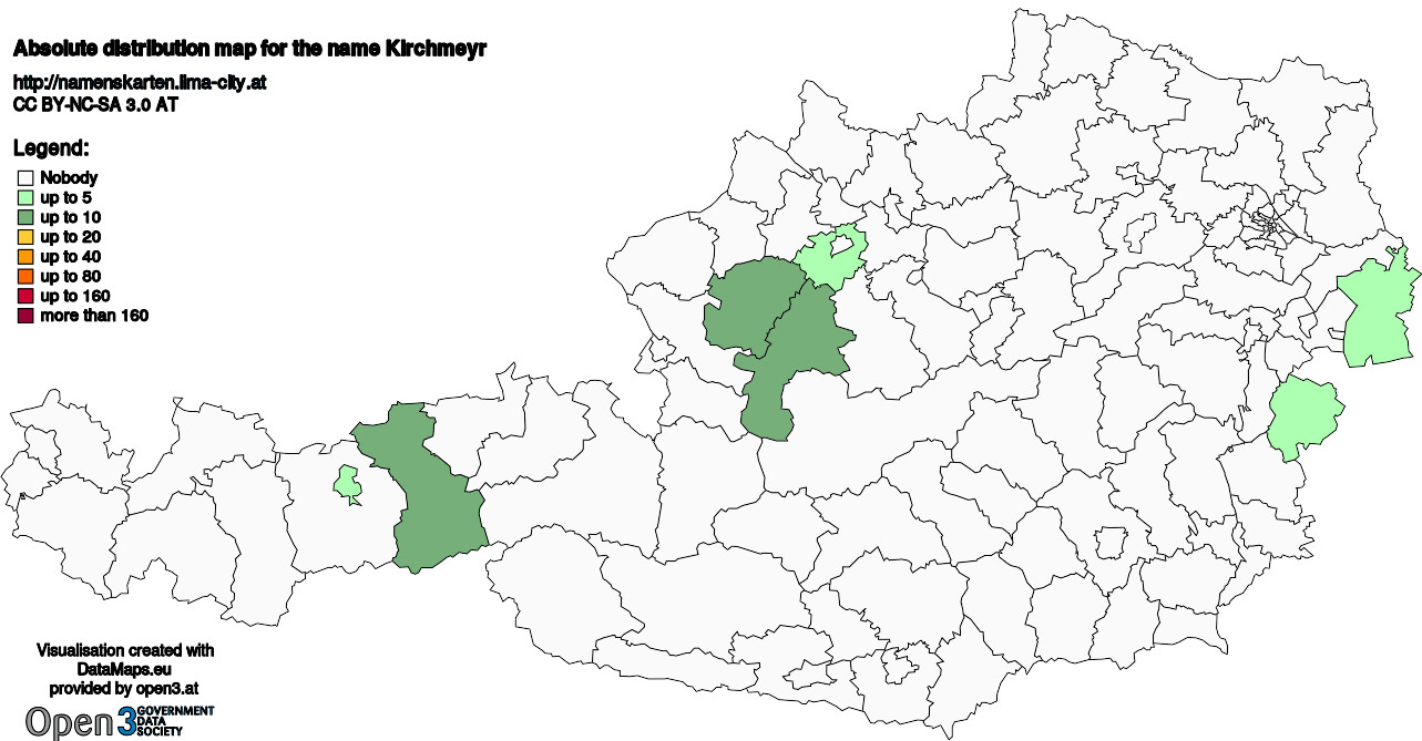 Absolute Distribution maps for surname Kirchmeyr