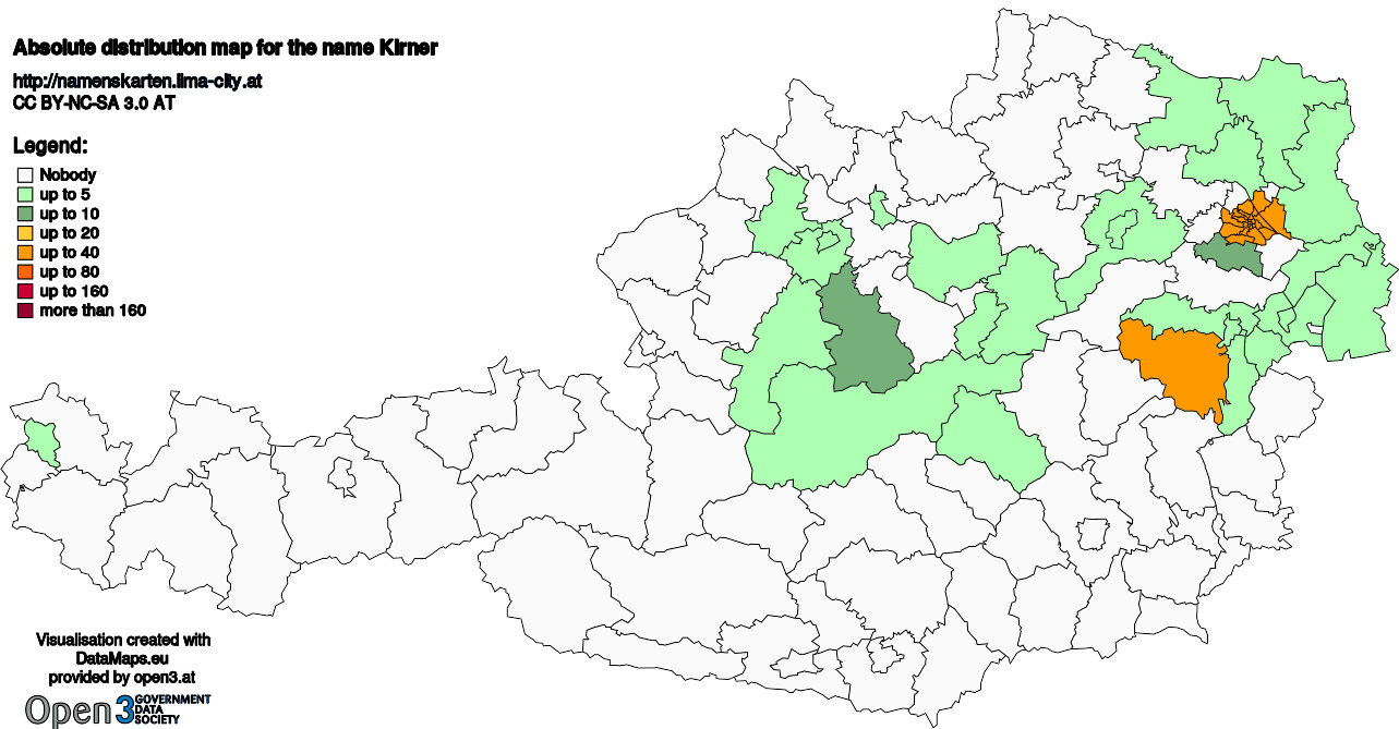 Absolute Distribution maps for surname Kirner