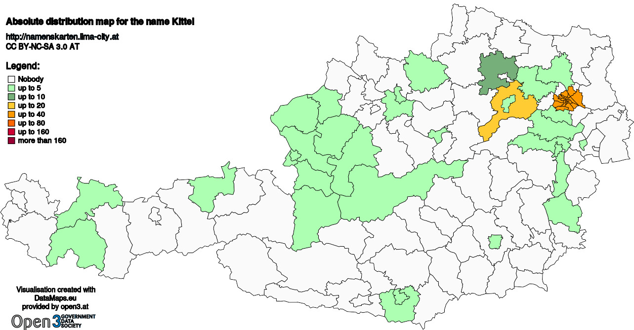 Absolute Distribution maps for surname Kittel