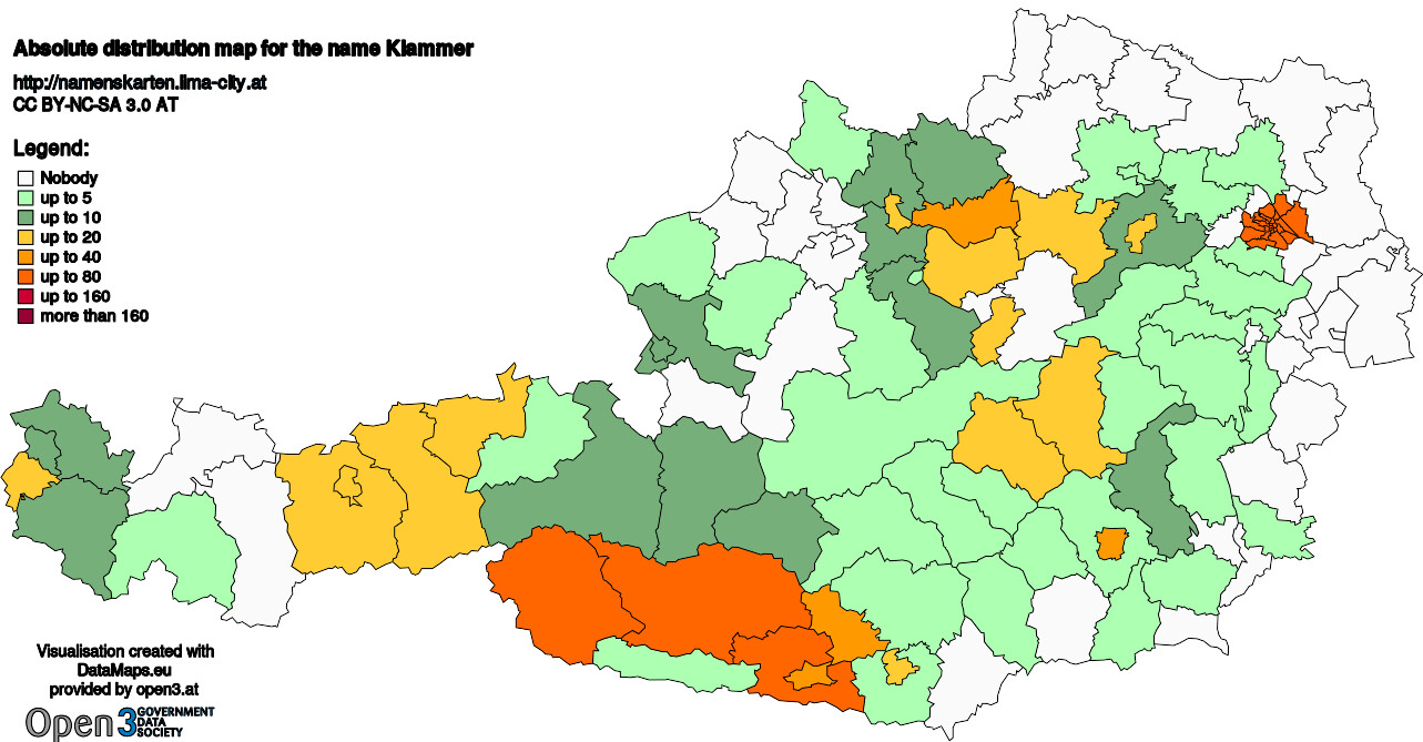 Absolute Distribution maps for surname Klammer