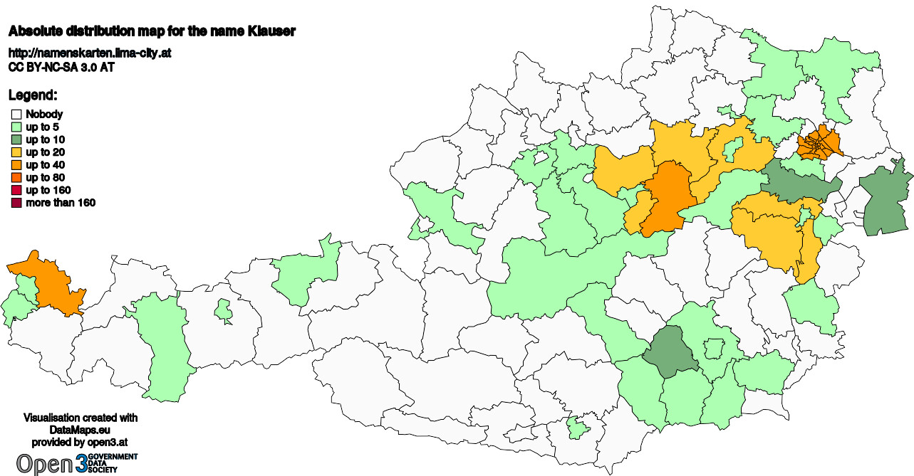 Absolute Distribution maps for surname Klauser