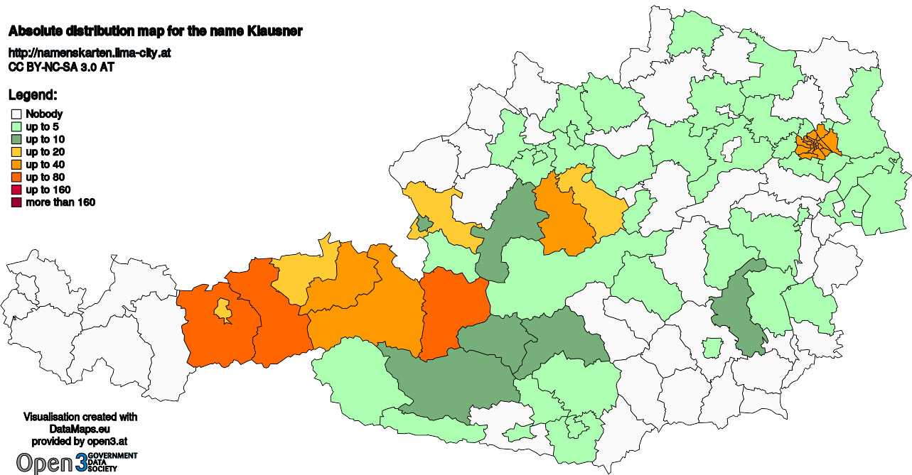 Absolute Distribution maps for surname Klausner