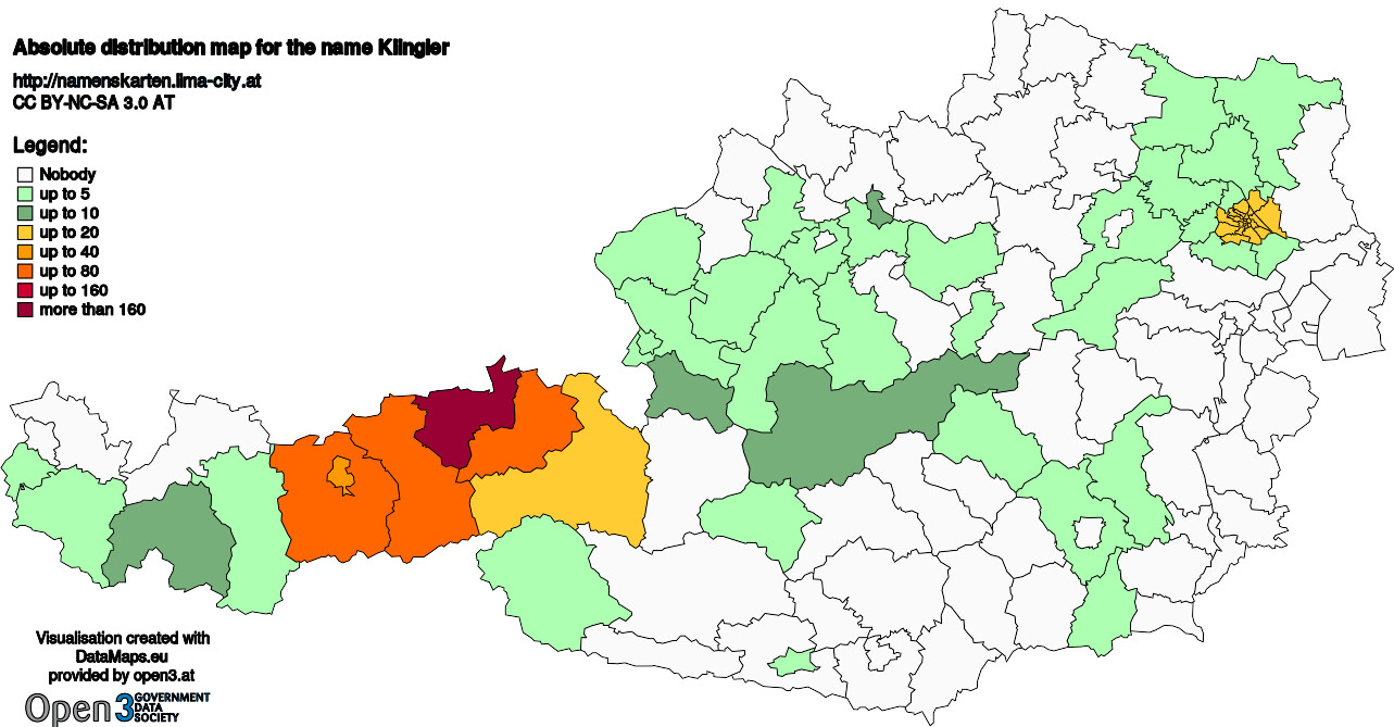 Absolute Distribution maps for surname Klingler