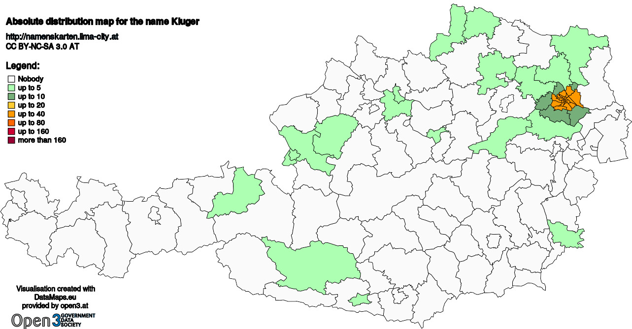 Absolute Distribution maps for surname Kluger