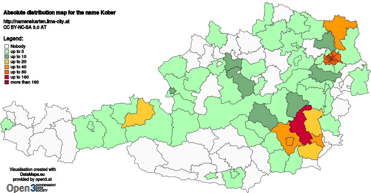 Absolute Distribution maps for surname Kober