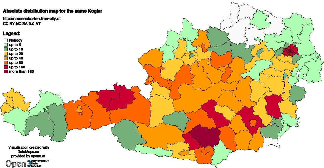 Absolute Distribution maps for surname Kogler