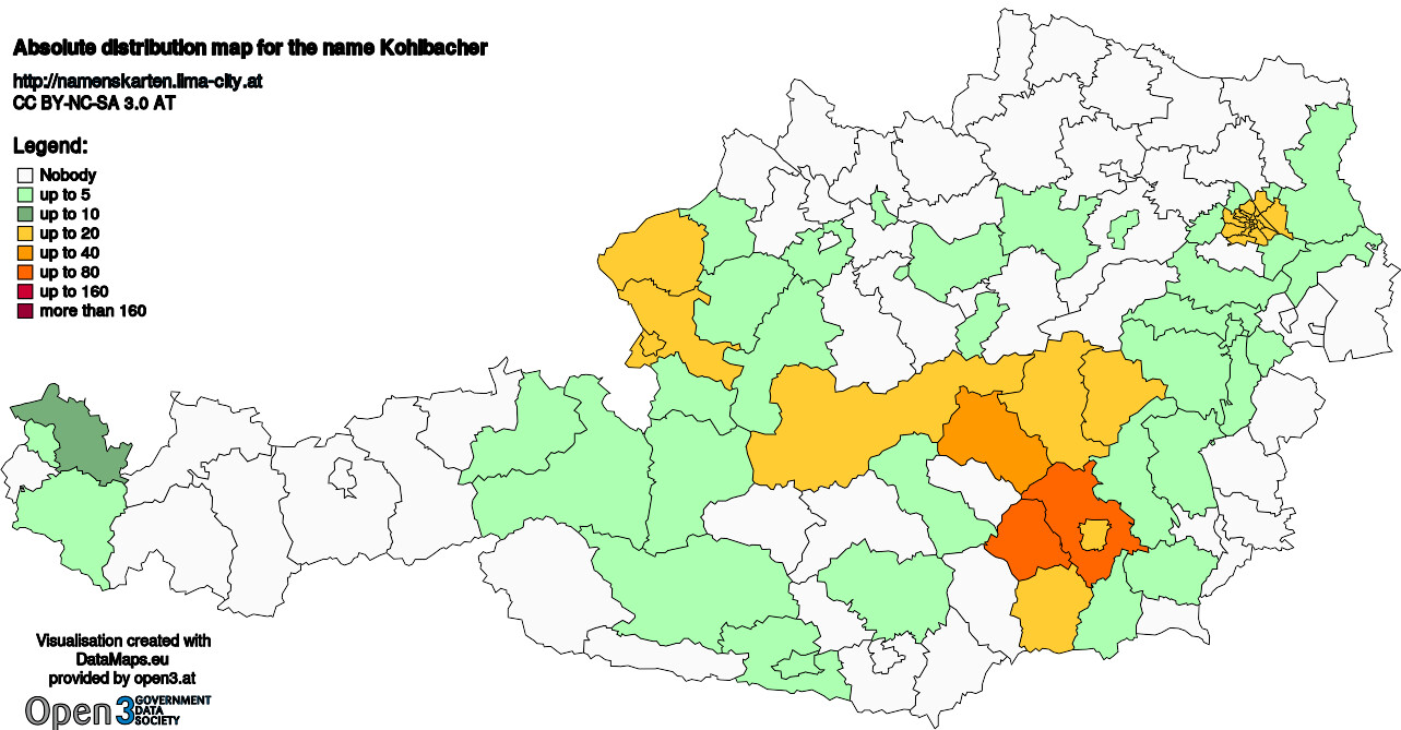 Absolute Distribution maps for surname Kohlbacher