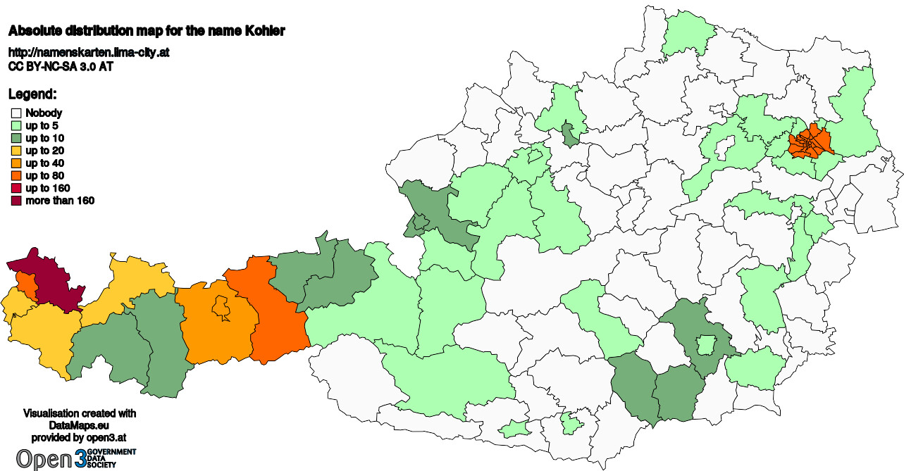 Absolute Distribution maps for surname Kohler